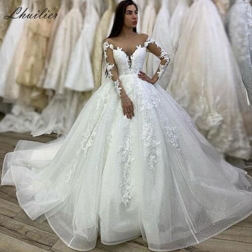 Lhuilier Womens Ball Gown Shiny Wedding Dresses 2020 Sheer Back Full Sleeves Floor Length Tulle Bridal Gowns Chapel Train
