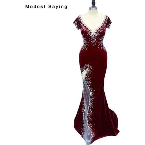 Sexy Wine Red Mermaid Velvet Evening Dresses 2017 with Rhinestone Formal Engagement Long Party Prom Gowns vestido longo de festa