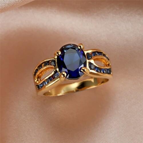 Cute Female Blue Crystal Stone Ring 18KT Yellow Gold Color Big Wedding Rings For Women Promise Oval Zircon Engagement Ring