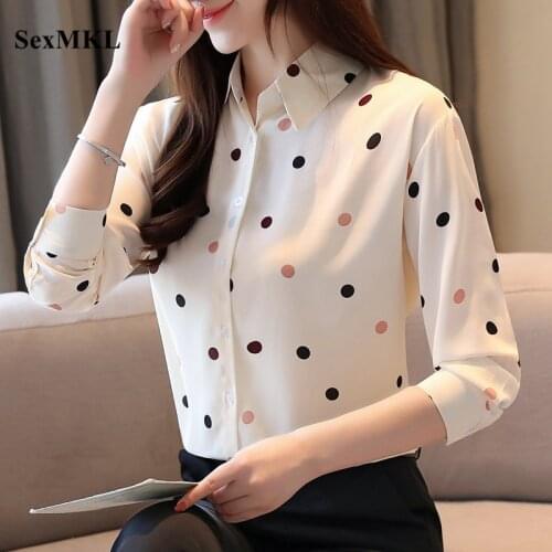 2020 Fashion Women Chiffon Blouses Long Sleeve Polka Dot Print Korean Style Ladie Tops White Blouse Slim Office Clothes Blusas