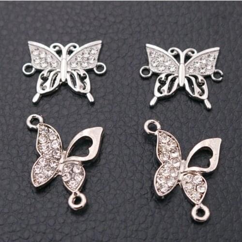 6pcs Silver Plated Cute Handmade Rhinestone Butterfly Connectors Bracelet Earrings For Woman DIY Charm Jewelry Handicraft Making