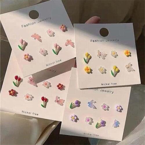 AOMU 8PCS/SET Cute Romantic Colorful Acrylic Butterfly Flower Earrings Irregular Geometric Mini Studs Earrings for Women Jewelry