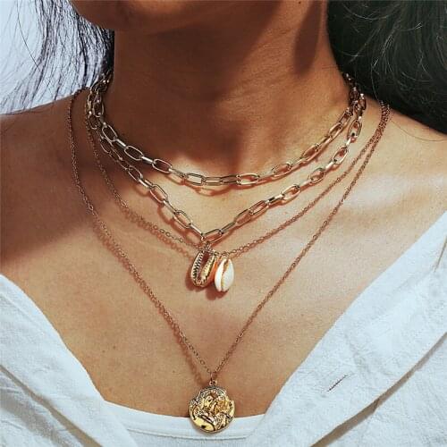 Bohemian Vintage Shell Multi-layer Big Chain Necklaces For Women Portrait Coin Round Pendants Irregular Head Party Jewelry