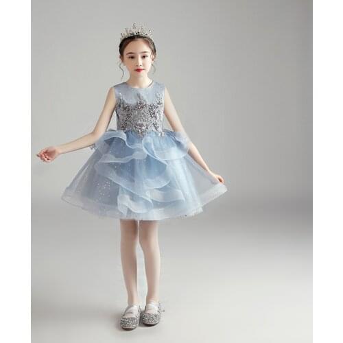Elegant Blue Sequin Lace Flower Girls Dress for Wedding Dress Piano Performance Costumes Layer Tulle Children Birthday Costumes