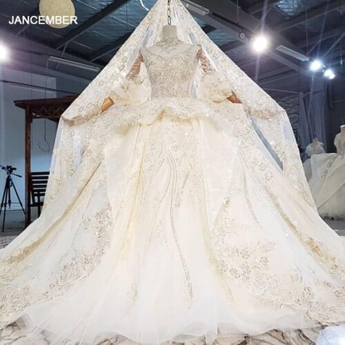 HTL2197 Ivory White Luxury High Neck Bridal Wedding Dress 2021 New Transparent Lace Diamond Sequins Frill Puff Sleeve Gown