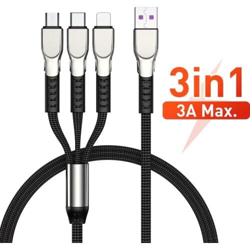 3-In-1 3A Super Fast Charging Cable For IOS/Micro USB/Type-C Charger Cable Wire For IPhone/Huawei/Android IOS Adapter Data Cable