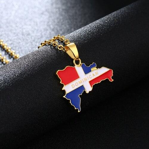 World Map Dominicia Map Flag Pendant Necklace Student Couple Stainless Steel Chain Men and Women Patriotic Jewelry