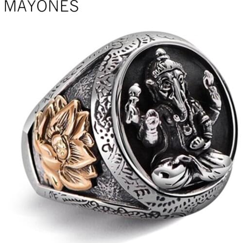 MAYONES Pure Solid 925 Sterling Silver Elephant Nose Rings For Men Vintage Punk Style Thailand Buddha Gods Ring Men Jewelry
