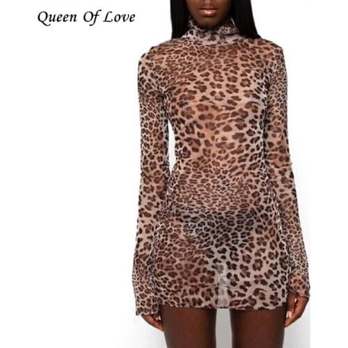 2020 New Long Split Sleeve Leopard Print Bodycon Mini Dress Women Sexy See Through Club Party Turtleneck Mesh Dresses