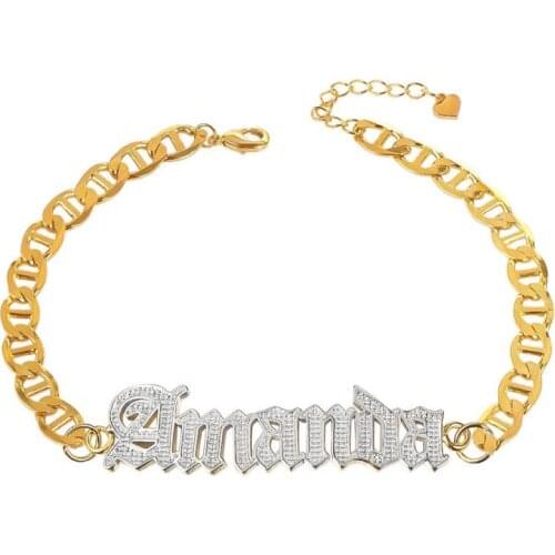 Personalized Old English Font Two Tone Name Bracelet Customized Double Layer Gold Plated Name Bangle For Women Jewelry Gift