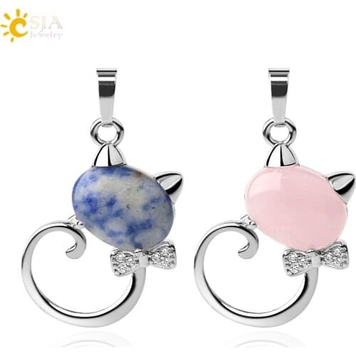CSJA Oval Natural Stone Animal Pendants for Making Necklaces Bow-knot Lovely Cat Zircon Healing Crystal Women Charm Jewelry G537