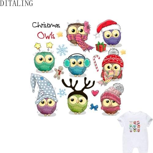 Christmas Animal Patches Heat Transfer Stickers Iron On Stickers Cute Owls Decoration For Children Clothing DIY Washable Parches