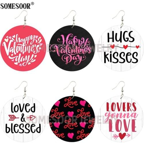 SOMESOOR Jewelry 2021 Valentines Day Sweet Talk Wooden Double Sides Printing Dangle African Cute Earrings For Women Gifts