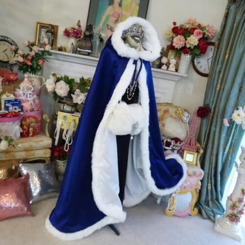Royal Blue Wedding Jacket Wraps Fsahionable Warm Winter Fur Velvet Hood Capes For Women Men Cosplay Bridal Cloaks