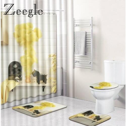 Zeegle Print Mat Set for Toilet Decor Waterproof Shower Curtain with Hooks Non-slip Soft Foot Rug Pedestal Rug Toilet U Type Mat