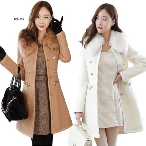 Women Autumn Winter Woolen Jacket New Style Fashion Fur Collar Mid-Long Blends Coat Thicken Double-Faced Plush Coat