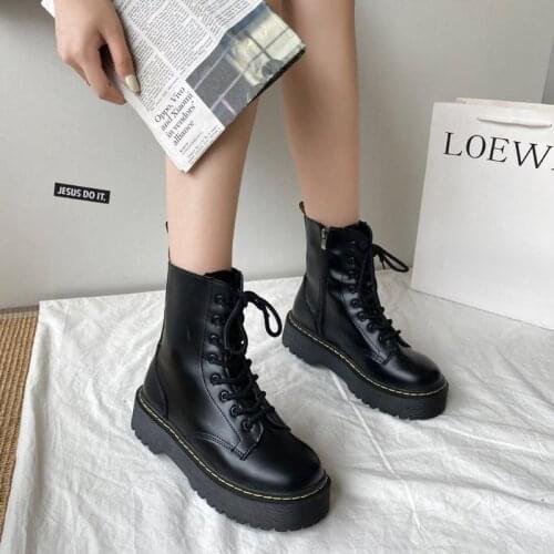 2020 Brand Womens Shoes Platform Oxford Sole PU Upper Lace-up Zipper Women Boots Shoes Increase Height Ladies Black Boots