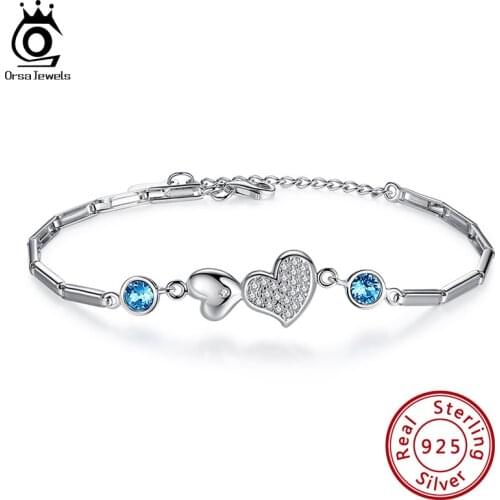 ORSA JEWELS 2021 Trend Silver 925 Bracelet for Women Classic Famous Crystal with 4A Heart Cubic Zircon Bangle Jewelry SWB04