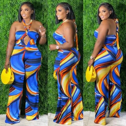 Sexy Halter Wide Leg Jumpsuit Women Boho Printed One Piece Vintage Elegant Playsuit Rompers Backless Beach Outfits Plus Size 5XL