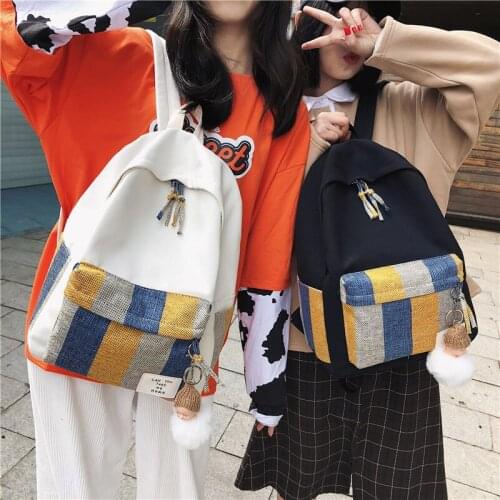 Women canvas backpack fashion striped girl school bag female high school student backpack travel backpack lady Patchwork Bagpack