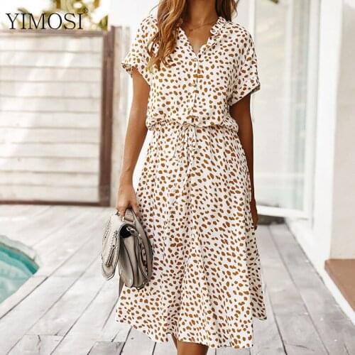 2020 Summer Dots Print Dress Women Short Sleeve V-Neck Boho Beach Dress Vintage High Waist Party Dresses Vestidos