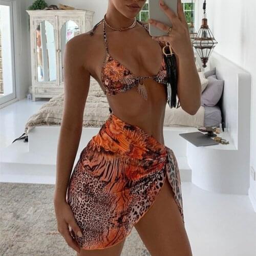 2021 Push Up Bikini Leopard Bathing Suits Women Bikini Sets Swimwear 3 Pieces Halter Top with Cover ups Beachwear Mujer Biquini