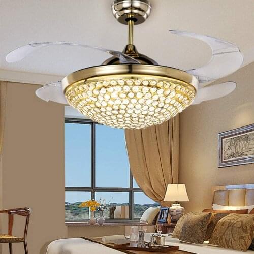 42 Inch Invisible Crystal Ceiling Fan with LED Light and Remote, 4 Retractable ABS Blades Fan Chandelier for Bedroom Diningroom
