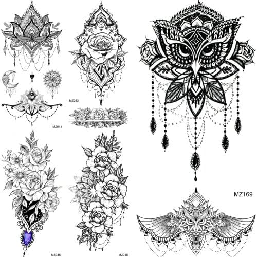 Black Henna Temporary Tattoos Sticker Realistic Fake Jewelry Mandala Flower Tattoo For Women Girl Body Art Chest Arm Tatoo Decal