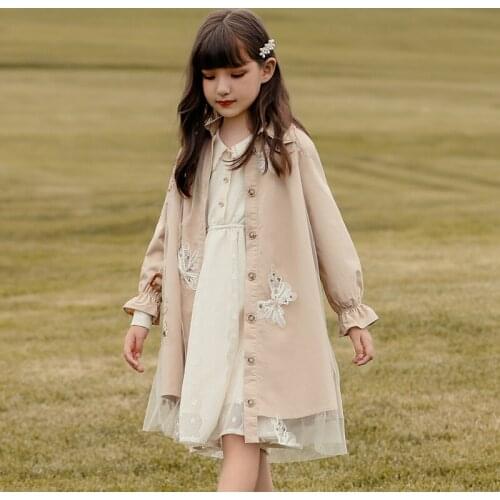 Girls Clothes Trench Coats lace butterfly decoration Childrens Clothing medium long pattern Girl jackets with waist belt