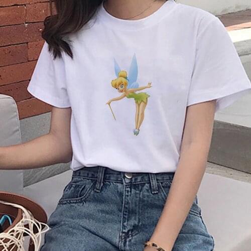 Kawaii Tinker Bell T Shirts Women New Tops Female T-shirt Loose Tshirt Summer Tee White Round Neck Oversized Tshirt