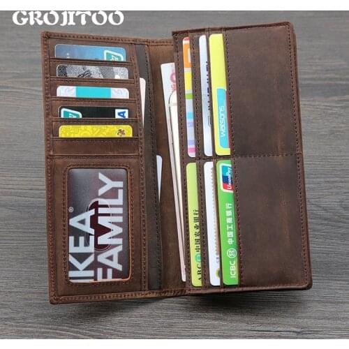 GROJITOO 2020 New Men Long Mobile Phone Leather Wallet Crazy Horse Leather Hand Made Wallet Long Clutch Handy Card Holder