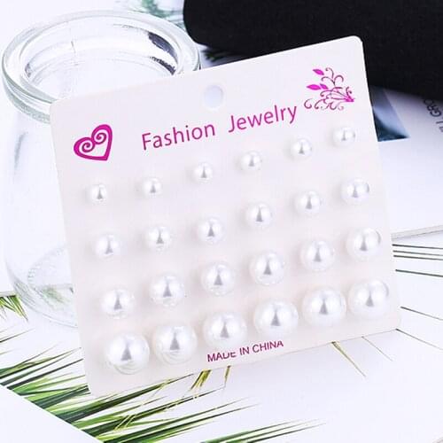 HOCOLE 12 Pairs/Set White Simulated Pearl Earrings Set Female Ball Stud Earrings for women vintage Wedding Bride Jewelry