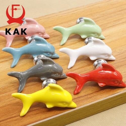 KAK Ceramic Dolphin Drawer Knobs 3D Cartoon Cabinet Cupboard Handles Fashion Kids Cabinet Knobs Room Furniture Handle Hardware
