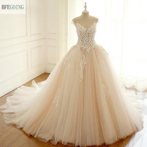 Ivory Lace Tulle Appliques V-Neck Cap Sleeves Floor-Length Ball gown Wedding dress Chapel Train Custom made