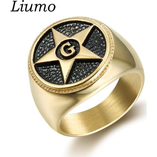 Liumo Fashion Gold Color Pentagram Masonic 316L Stainless Steel Men Biker Ring Lr929
