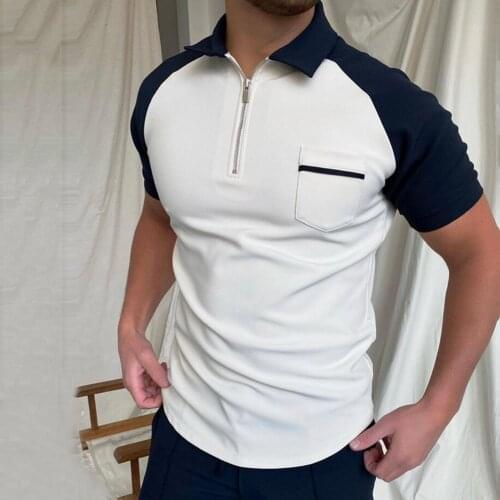 Men T-shirt Color Block Zipper Summer Loose Lapel Pocket Top Casual Polos Shirts Summer Male Solid Color Pullover Tops T-shirt