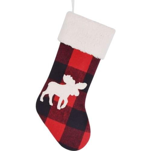 Set of 2 pcs Buffalo Check With 3D Applique Short Plush Cute Moose Christmas Stocking Christmas Socks