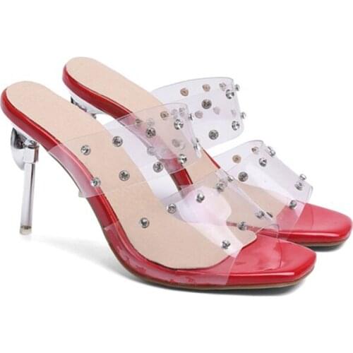 2020 New Rivets Clear PVC Open Toe Stiletto High Heels Summer Sandals Slippers Slides Womens Shoes