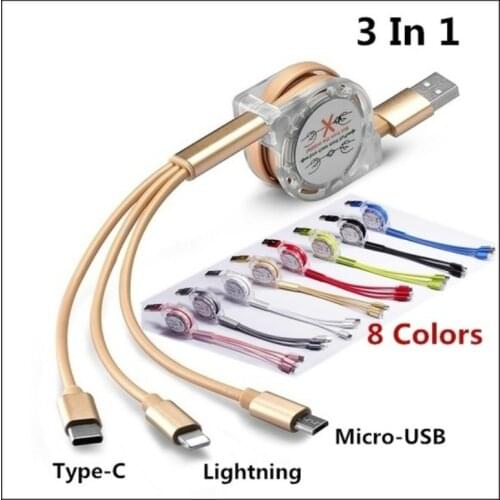 The New 3 IN1 Retractable USB Charging Cable Fast Charging Cord Type C/Lightning/Micro USB IPhone/Android Cable