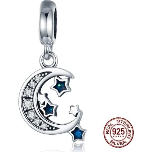 Genuine 925 sterling silver star and moon necklace pendant fit bracelet beads original bangle charm woman luxury jewelry making