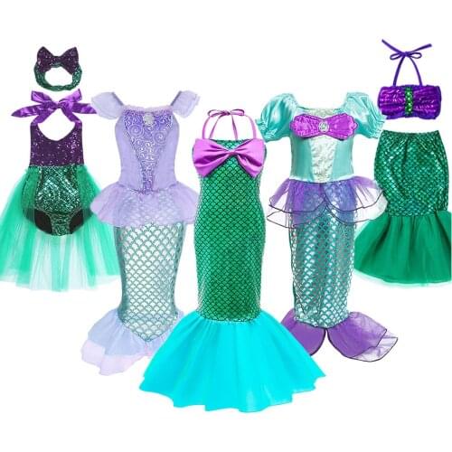 Little Mermaid Dresses for Girls Fancy Swimsuit Bikini Outfits Kids Halloween Costume Children Summer Beach Pool Party Clothes