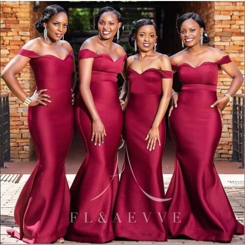 Simple Burgundy Satin Mermaid Bridesmaid Dresses Sweetheart Wedding Party Gowns Off the Shoulder Formal Dress Plus Size