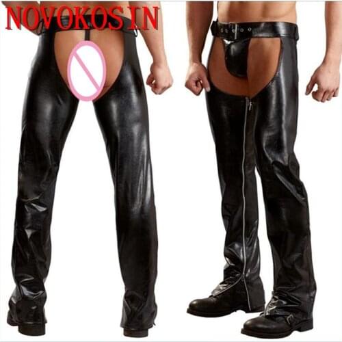 LK11 M-2XL 2018 PU Belt Buckle Style Adjust Waist Men Back Open Crotch Gothic Fetish Gay Faux Leather Night Club DS Long Pants