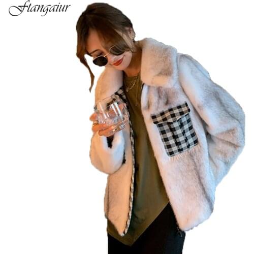 Ftangaiur 2020 Winter Import Cross Velvet Mink Fur Coat Womens Slim Plaid Turn-Down Collar Short Natural Real Mink Fur Coats