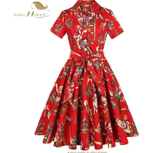 SISHION Short Sleeve Plus Size Swing Retro Rockabilly Vintage Dress SD0002 Red Cowgirls Print A Line Cotton Summer Women Dress