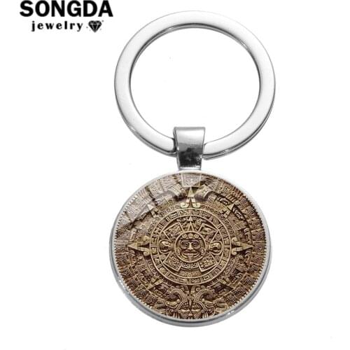 SONGDA Mayan Calendar Keychain Ancient Civilizations of The Maya Metal Long-Count Calendar Culture Glass Art Key Chain Souvenir