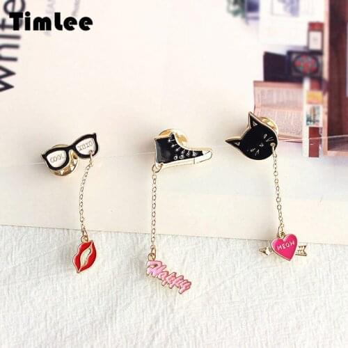 Timlee X045 New Cute Black Cat Gym Shoes Glasses Red Lips Letter Heart Metal Oil Drop Brooch Pins,Fashion Jewelry Wholesale