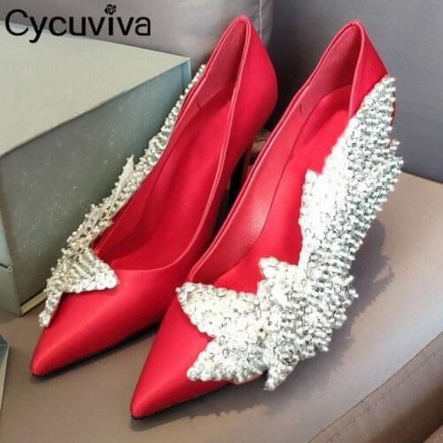 New Red High Heel Shoes Women Pointed toe Rhinestone Party Wedding Shoes For Women Silk Bling Bling Pumps Crystal Shoes Ladies