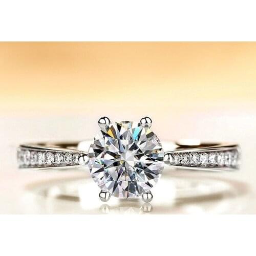 Solid 18K White Gold Round Brilliant Cut 1 ct 6.5mm Moissanite 6 Prong Ring Solarite Lab Diamond Engagement Ring For Women