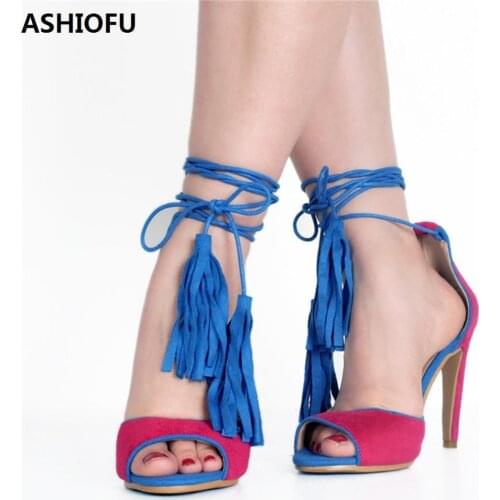 ASHIOFU Handmade Ladies High Heel Sandals Fringed Tassels Party Prom Summer Shoes Shoelace Club Fashion Evening Sandals Shoes